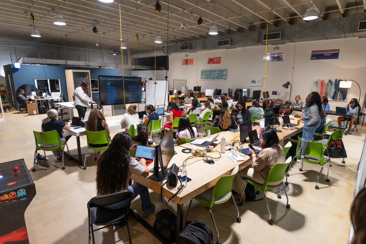 A wide view of the full room at a We Create build night
